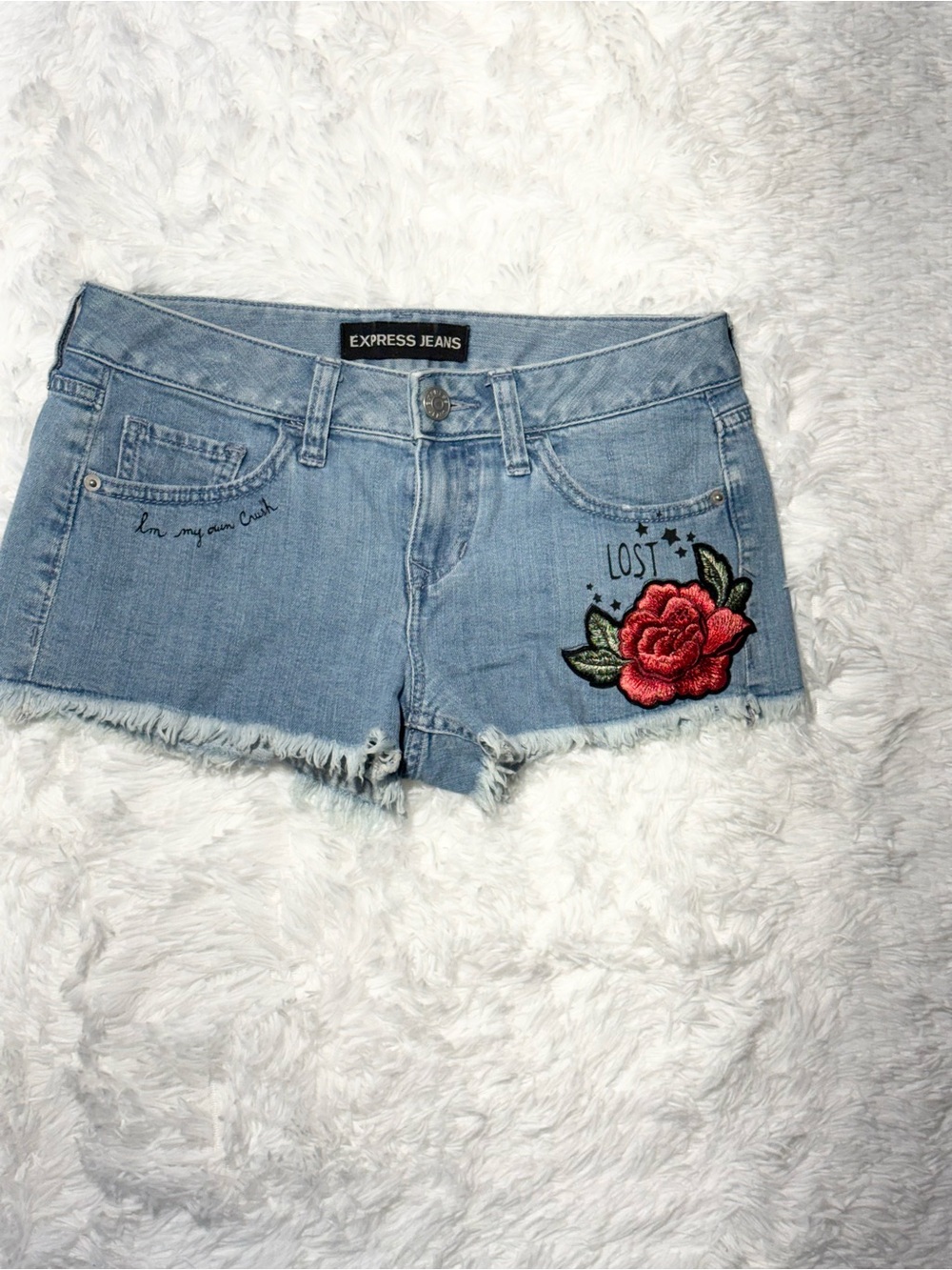 Express Light Blue Denim Shorts with Red Rose Embroidery
